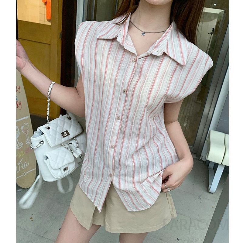 여성 데일리 루즈핏 코튼 스트라이프 폴로 칼라 버튼 민소매 셔츠 블라우스 나시 남방 레이어드 상의 가벼운 여름 - 상세 이미지 3