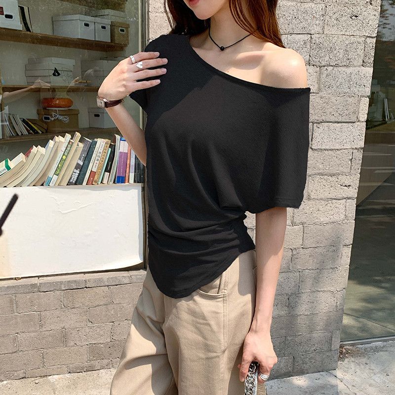 여성 데일리 루즈핏 비스코스 스판 오프숄더 원숄더 라운드넥 반팔 티셔츠 - 상세 이미지 2