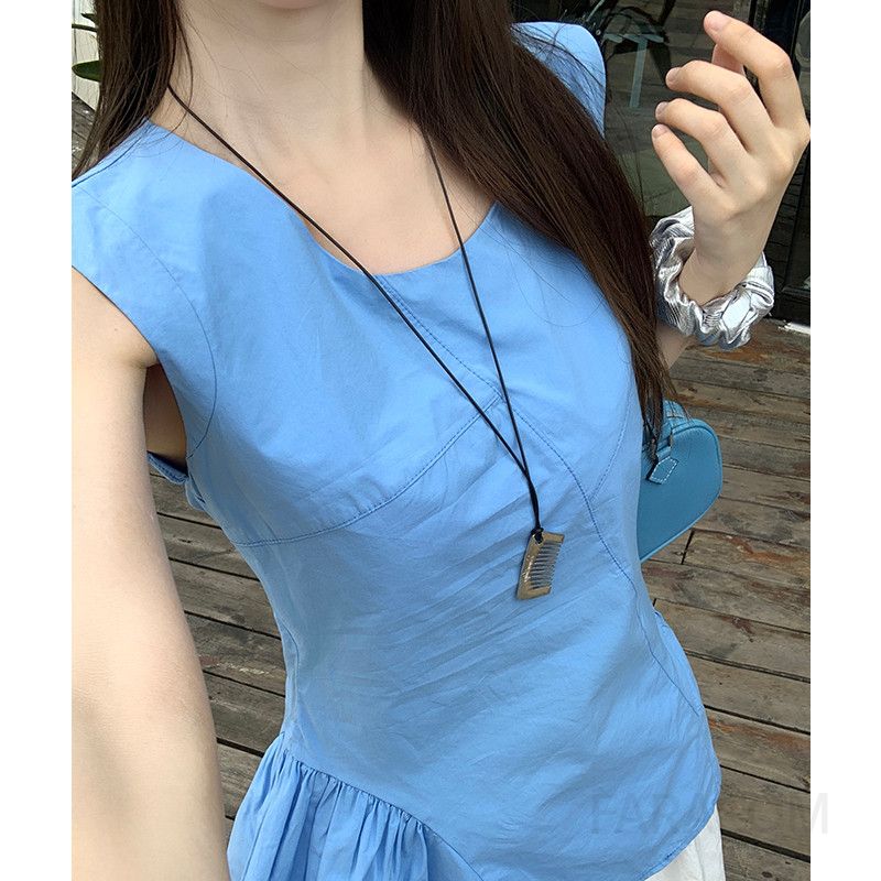 여성 페미닌 데일리 오피스룩 코튼 셔링 페플럼 핀턱 라운드넥 민소매 나시 블라우스 티셔츠 루즈핏 이미지 6