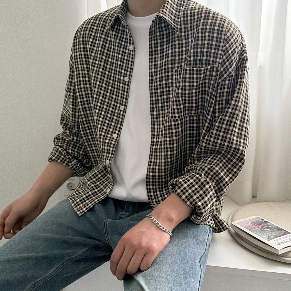 남자 인로 세미오버핏 봄 가을 크롭 잔체크 패턴 셔츠 이미지 7