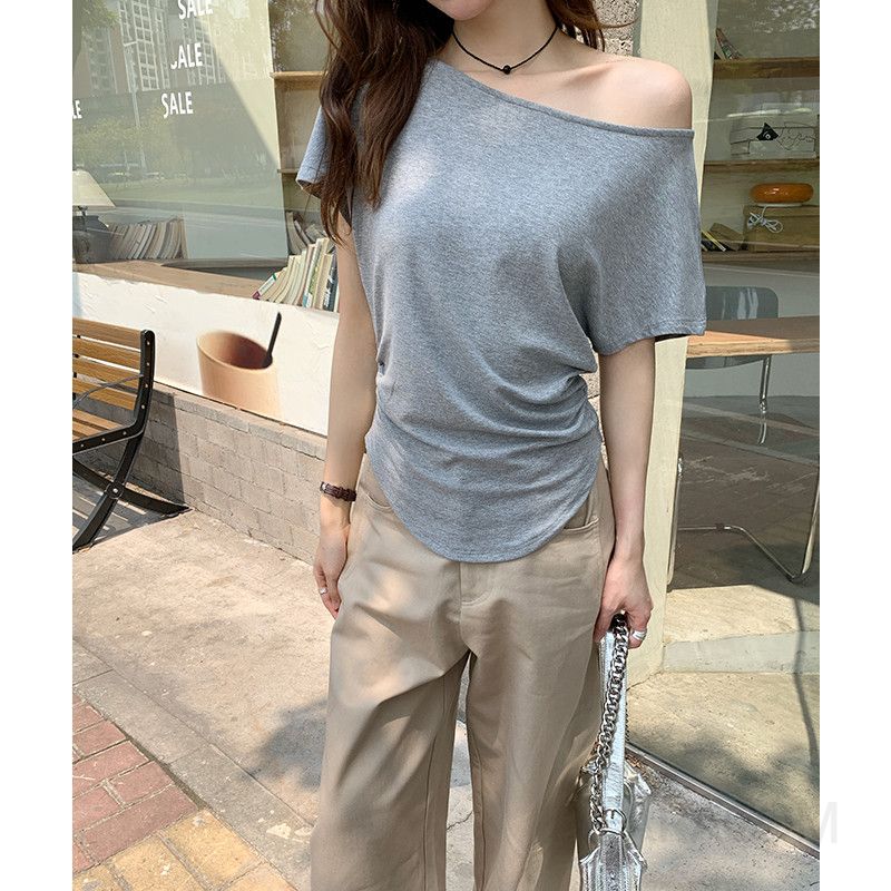 여성 데일리 루즈핏 비스코스 스판 오프숄더 원숄더 라운드넥 반팔 티셔츠 - 상세 이미지 4