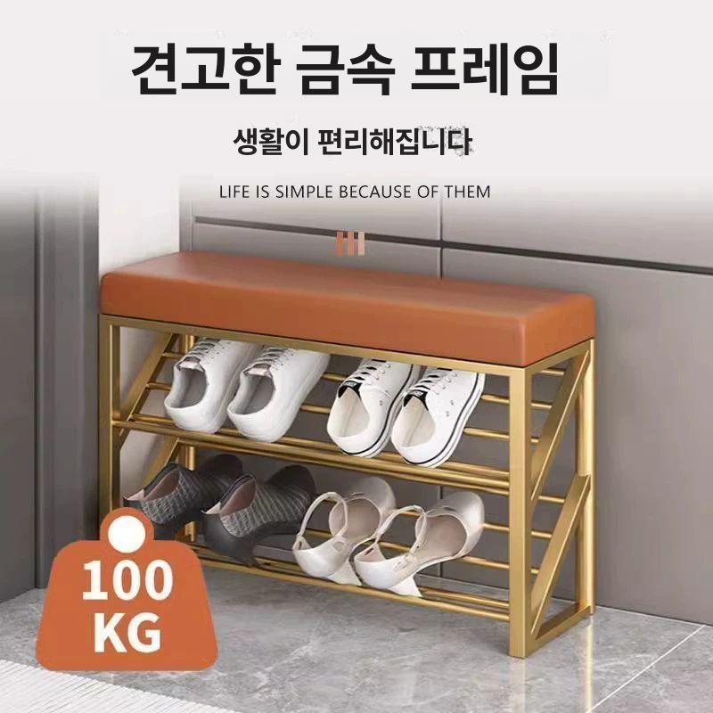 좁은 벤치 아파트 신발장 수납장 정리대 프레임 브라운가죽 현관 수납함 - 상세 이미지 4