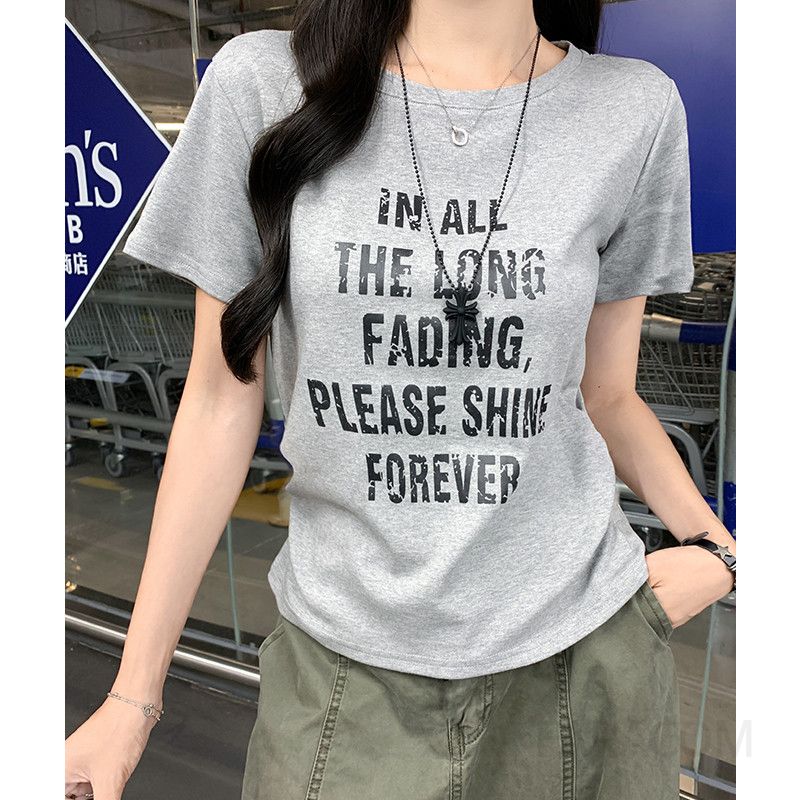 여성 데일리 캐주얼 코튼 스판 영문 레터링 라운드넥 반팔 티셔츠 - 상품 이미지