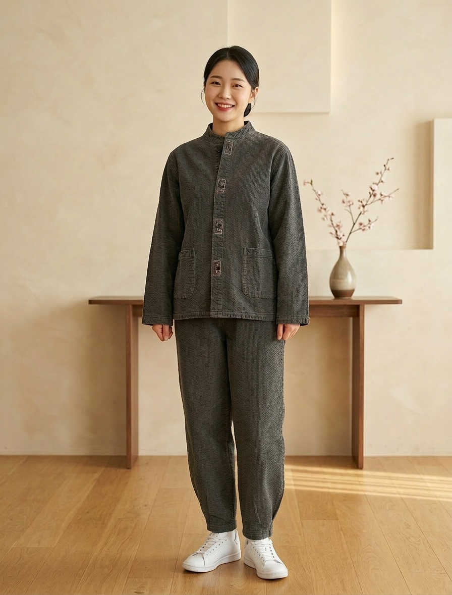 봄 가을 생활한복 라운드넥 저고리 바지 세트 남녀공용 이중직 4mm - 상세 이미지 3