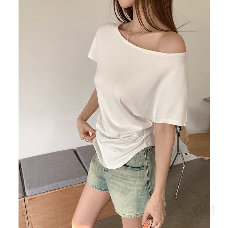 여성 데일리 루즈핏 비스코스 스판 오프숄더 원숄더 라운드넥 반팔 티셔츠 - 상세 이미지 5