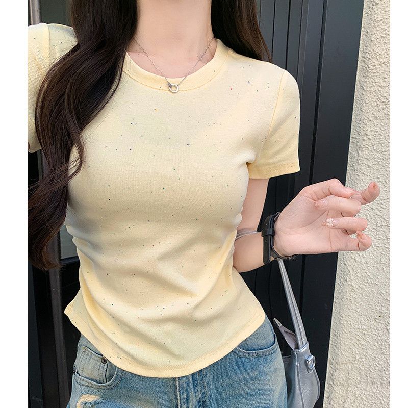여성 데일리 캐주얼 오피스룩 슬림핏 면 스판 스트레치 레인보우 컬러네프 잡사 포인트 라운드넥 반팔 티셔츠 베이직 기본템 - 상세 이미지 3