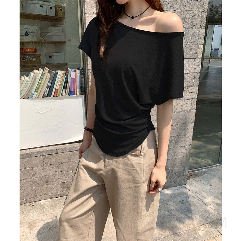 여성 데일리 루즈핏 비스코스 스판 오프숄더 원숄더 라운드넥 반팔 티셔츠 이미지 8
