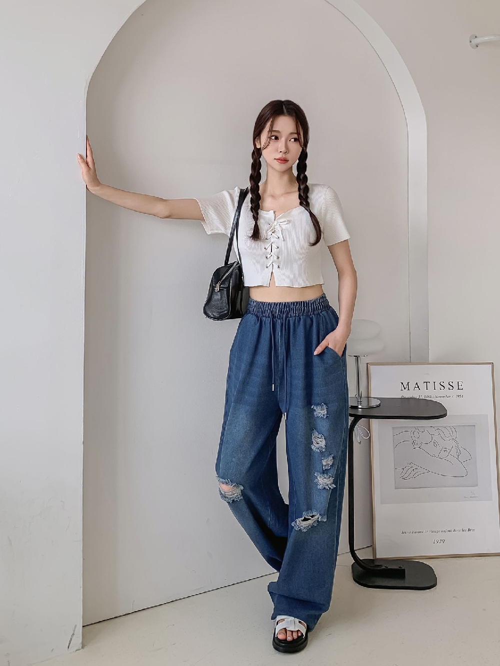 찢어진청바지 고무줄청바지 와이드 여성 밴딩 빅사이즈 찢청 데님 팬츠 이미지 4
