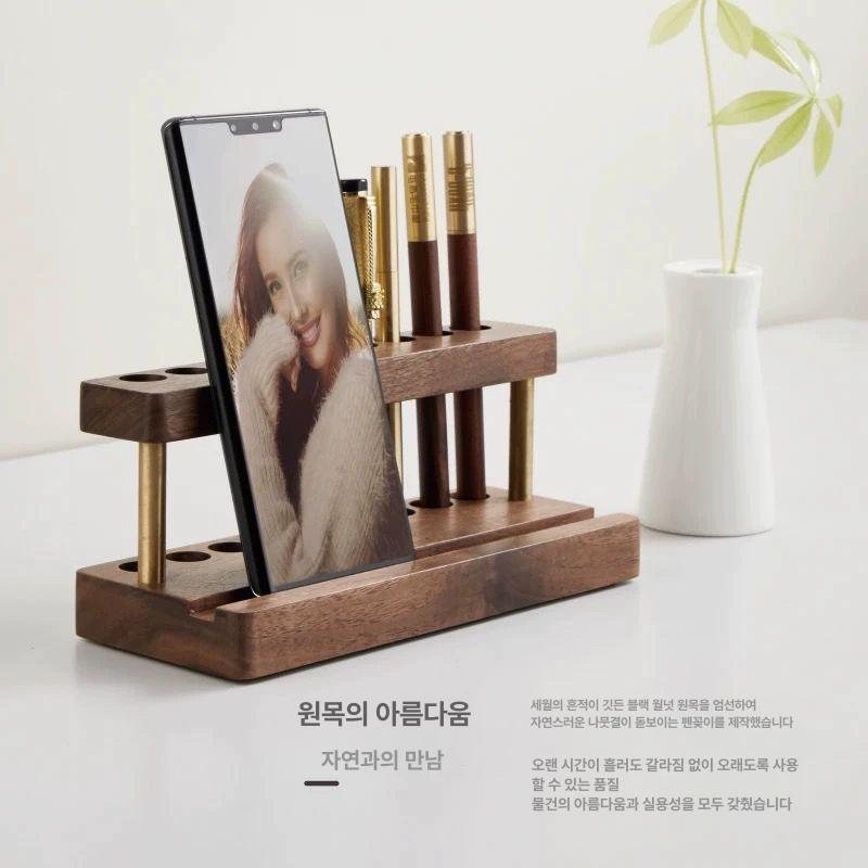 만년필 거치대 홀더 볼펜 트레이 고급 원목 정리함 C (북미 월넛) 골드 - 상세 이미지 2