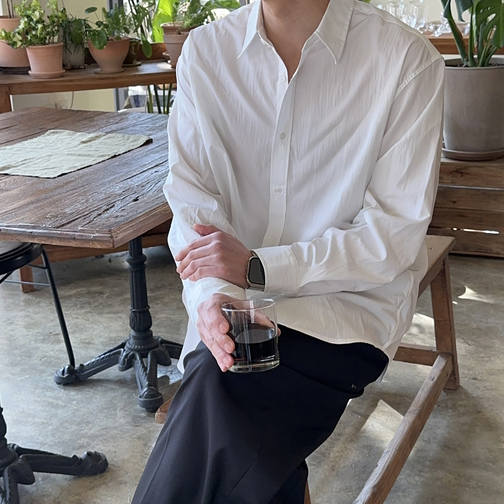 남자 와이셔츠 오버핏 흰색 무지 나일론 남방 남자 셔츠 - 상품 이미지