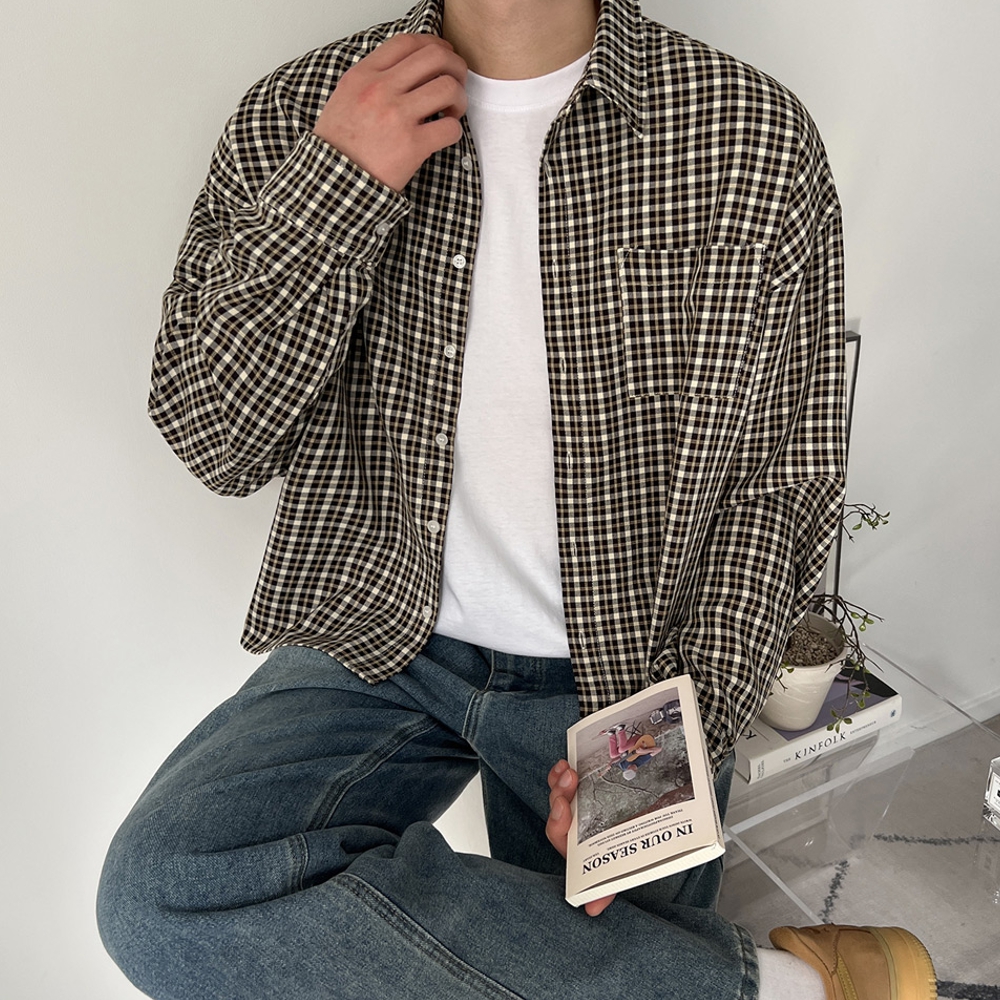 남자 인로 세미오버핏 봄 가을 크롭 잔체크 패턴 셔츠 - 상세 이미지 5