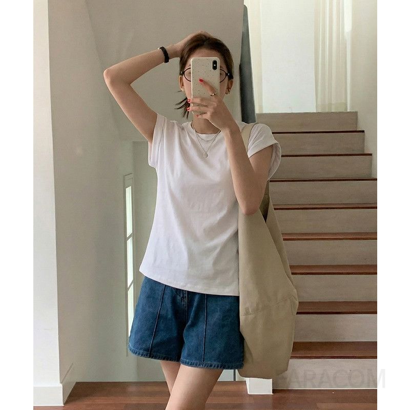 여성 데일리 오피스룩 코튼 스판 캡소매 라운드넥 무지 반팔 티셔츠 출근룩 심플 캐주얼 기본 반팔티 루즈핏 - 상세 이미지 2