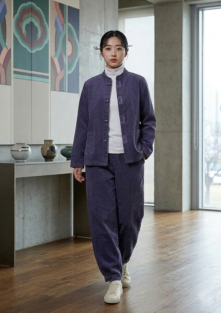 봄 가을 생활한복 라운드넥 저고리 바지 세트 남녀공용 이중직 4mm - 상세 이미지 4