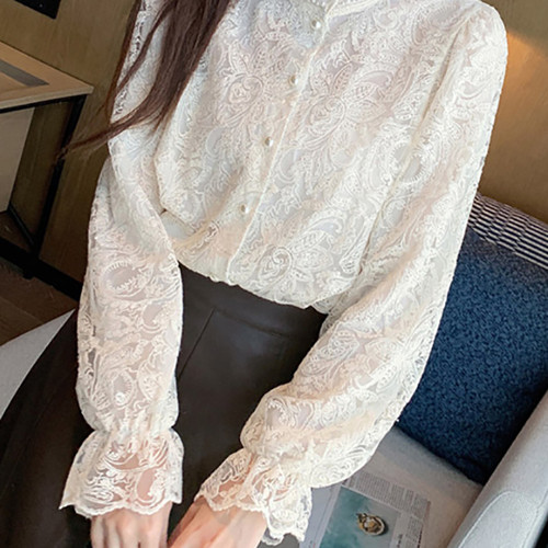 블라우스 레이스 자수 셔츠 프릴 버튼 러블리 하객룩 시스루 데일리 오피스룩 - 상세 이미지 4