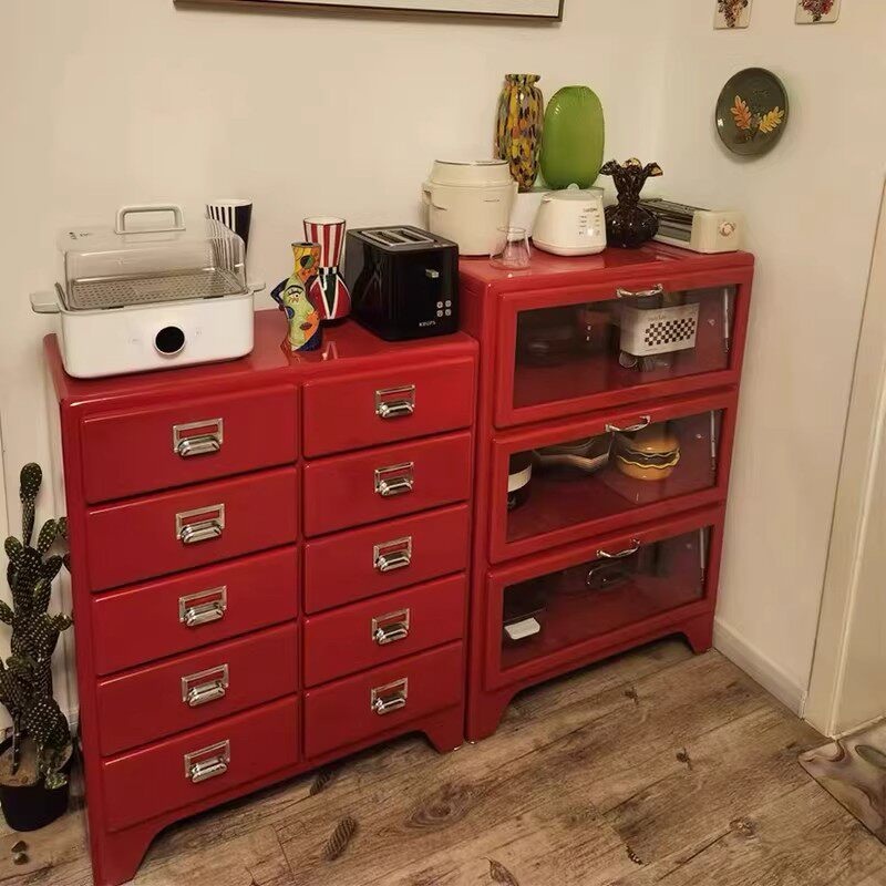 2단 거실수납장 빈티지 스타일 철제 레드컬러 상단 투명 유리문 6칸 서랍형 다용도 모던 - 상세 이미지 3