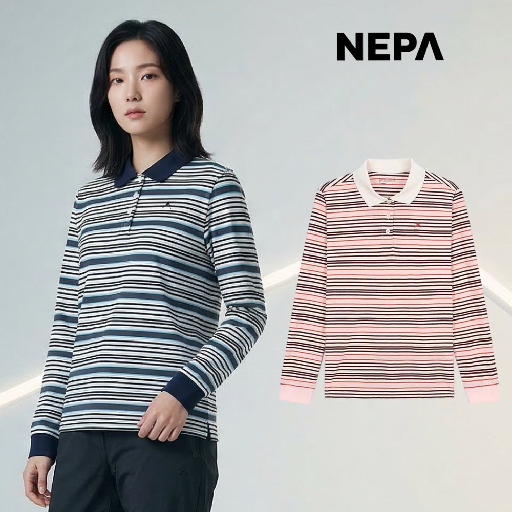 네파 여성 긴팔 티셔츠 카라 폴리 캐주얼 스트라이프 - 상품 이미지