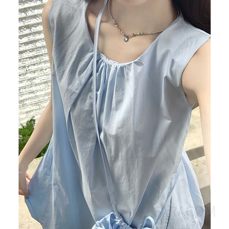 여성 데일리 오피스룩 면 라운드넥 민소매 벌룬 셔링 에이라인 미니 원피스 가벼운 코디 휴양지룩 - 상세 이미지 5