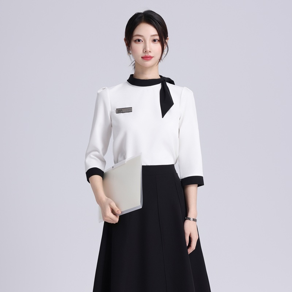 피부과 의상 코디네이터 전문직 유니폼 블랙 화이트 배색 퍼프 반소매 상의 스트레이트핏 - 상세 이미지 5