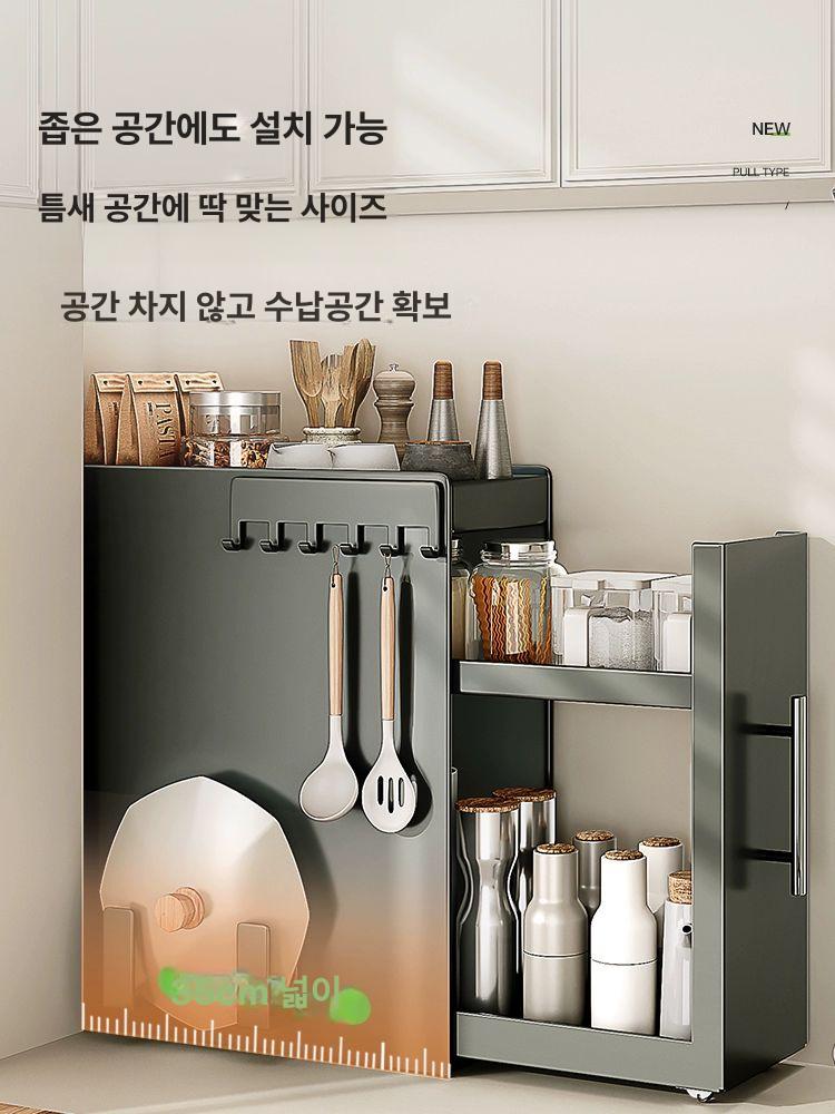 슬림 수납장 철제 캐비넷 세탁기틈새장 스틸 미닫이 랙 탄회색 3단 좁은공간 - 상세 이미지 5