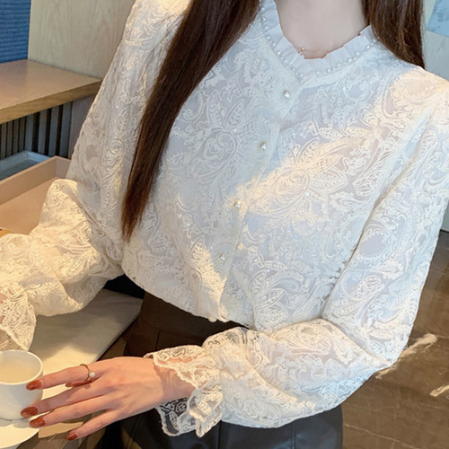 블라우스 레이스 자수 셔츠 프릴 버튼 러블리 하객룩 시스루 데일리 오피스룩 - 상세 이미지 3