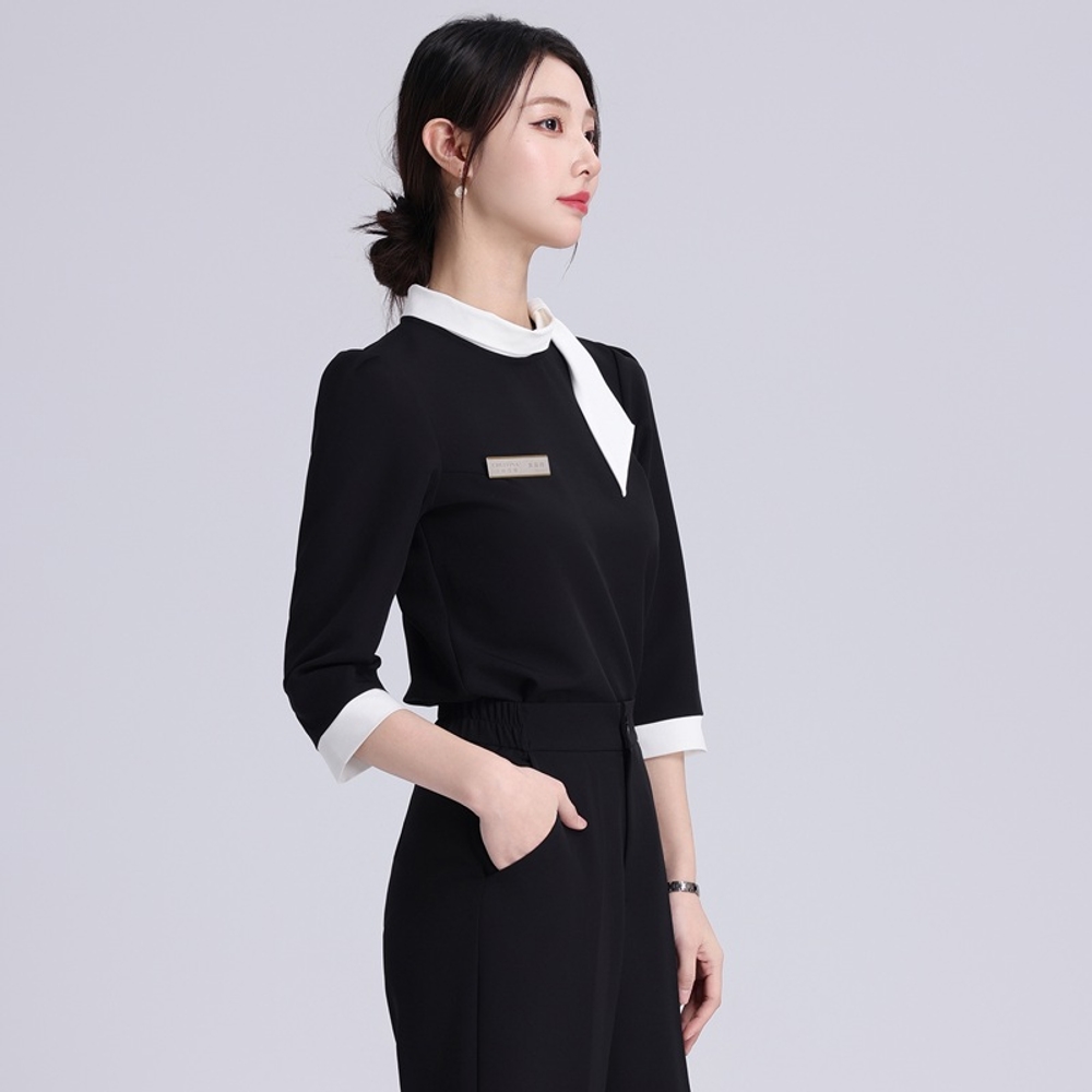 피부과 의상 코디네이터 전문직 유니폼 블랙 화이트 배색 퍼프 반소매 상의 스트레이트핏 - 상세 이미지 2