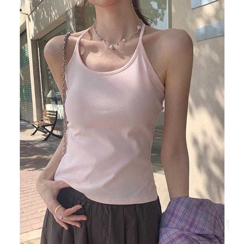 여성 스트릿 무드 슬림핏 코튼 스판 홀터넥 민소매 나시 티셔츠 레이어드 이너 기본 이미지 8