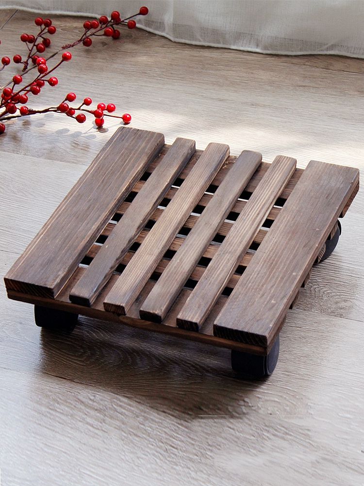 이동식 화분 받침 공기청정기 물받이 바퀴 정사각 원목 30x30cm 4개 보강 약 75kg 하중 - 상품 이미지