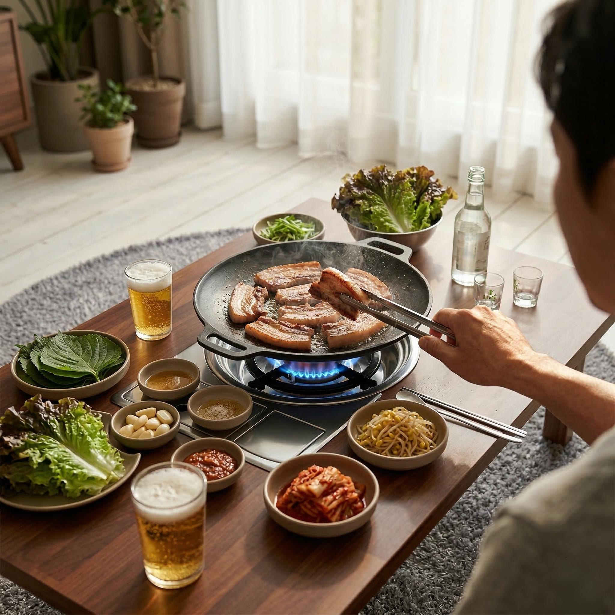 좌식 불판테이블 가정용 고기불판상 버너 식탁 고기 테이블