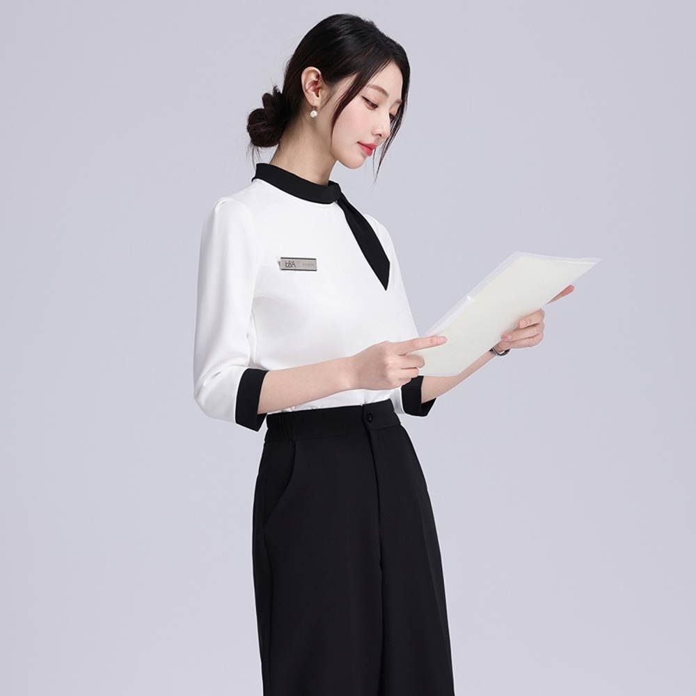 피부과 의상 코디네이터 전문직 유니폼 블랙 화이트 배색 퍼프 반소매 상의 스트레이트핏 - 상세 이미지 3