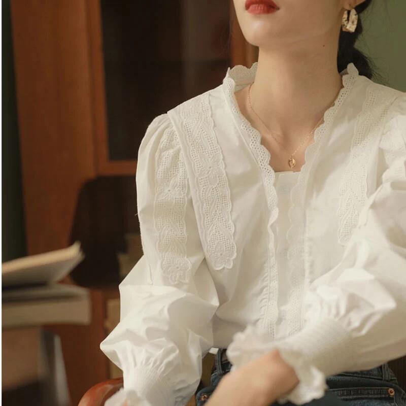 여성 레이스 긴팔 블라우스 화이트 쉬폰 셔츠 이너 레이어드 봄 화이트 S - 상세 이미지 4