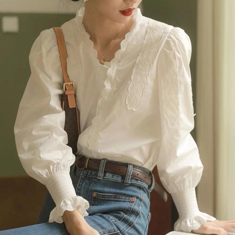 여성 레이스 긴팔 블라우스 화이트 쉬폰 셔츠 이너 레이어드 봄 화이트 S - 상세 이미지 2