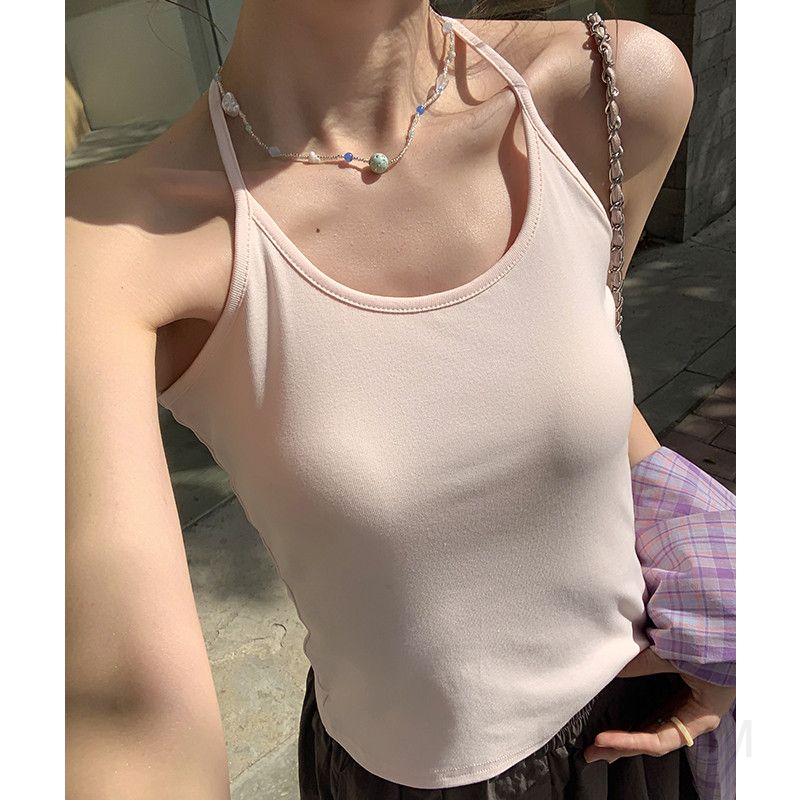 여성 스트릿 무드 슬림핏 코튼 스판 홀터넥 민소매 나시 티셔츠 레이어드 이너 기본 이미지 6