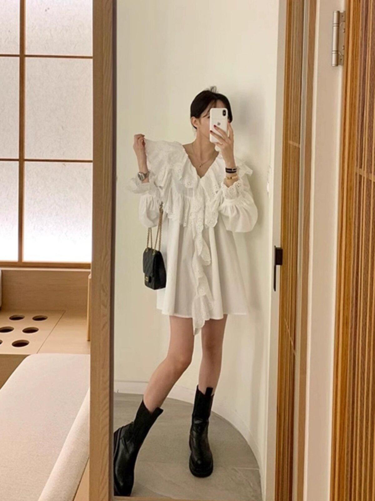 펀칭레이스 미니원피스 화이트 브이넥 여성스러운 빅프릴카라 긴팔 퍼프 벌룬 밴딩소매 화이트 프리사이즈 - 상세 이미지 2