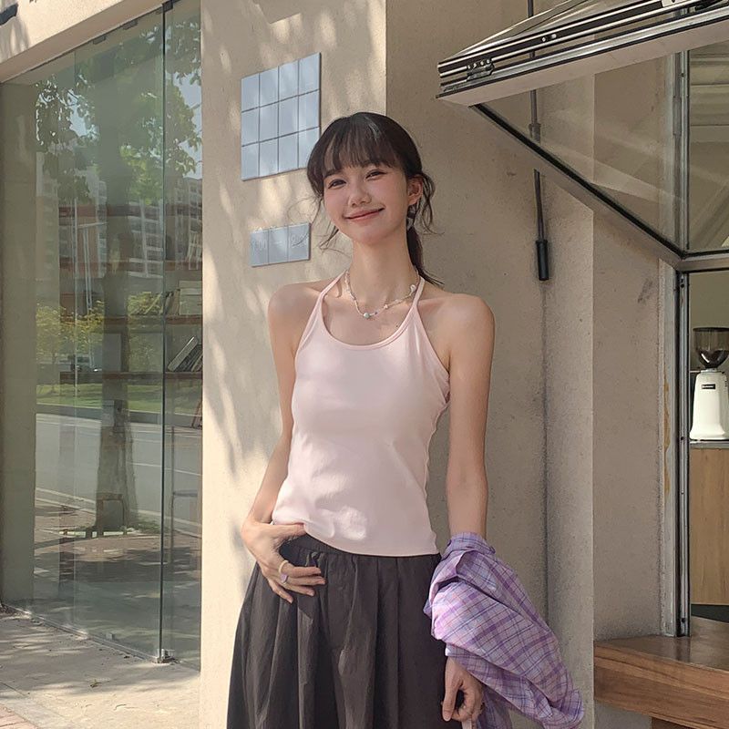 여성 스트릿 무드 슬림핏 코튼 스판 홀터넥 민소매 나시 티셔츠 레이어드 이너 기본 - 상세 이미지 4