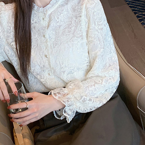 블라우스 레이스 자수 셔츠 프릴 버튼 러블리 하객룩 시스루 데일리 오피스룩 - 상세 이미지 2