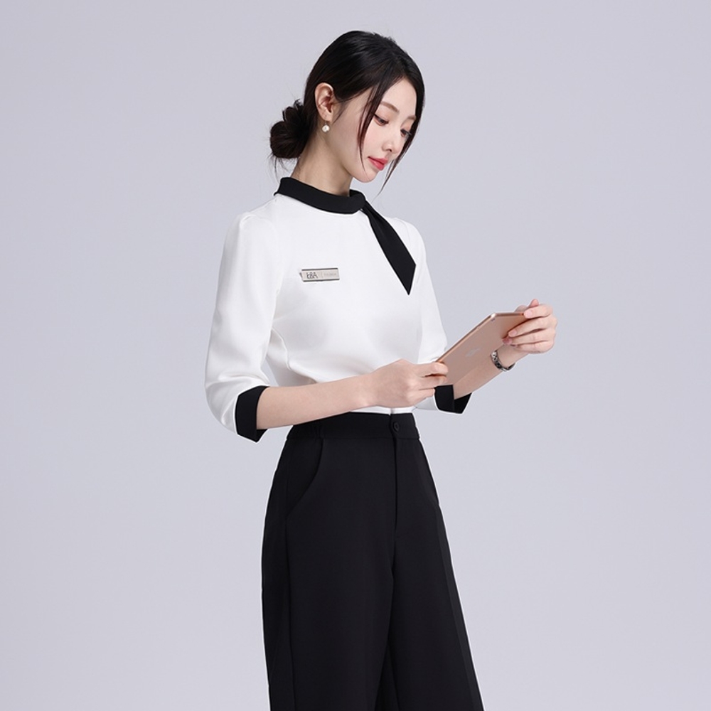 피부과 의상 코디네이터 전문직 유니폼 블랙 화이트 배색 퍼프 반소매 상의 스트레이트핏 - 상세 이미지 4