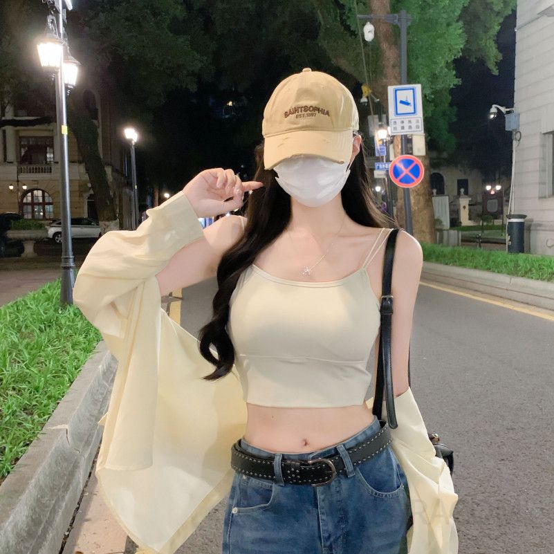 블랙 민소매 나시 탑 브라캡 내장 슬림핏 여성 여름 데일리 크롭 숏탑 - 상품 이미지