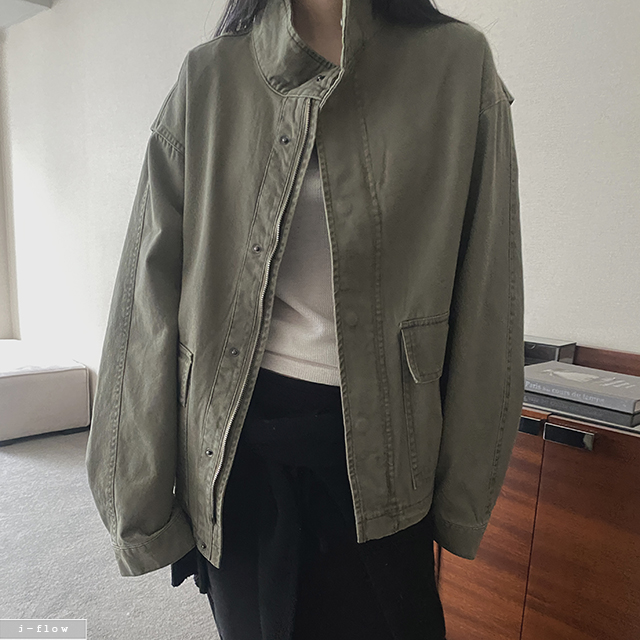 휴더 하이넥 루즈핏 피그먼트 야상 점퍼 2col 봄 가을 스트링 오버핏 박시 제이플로우 상품 이미지