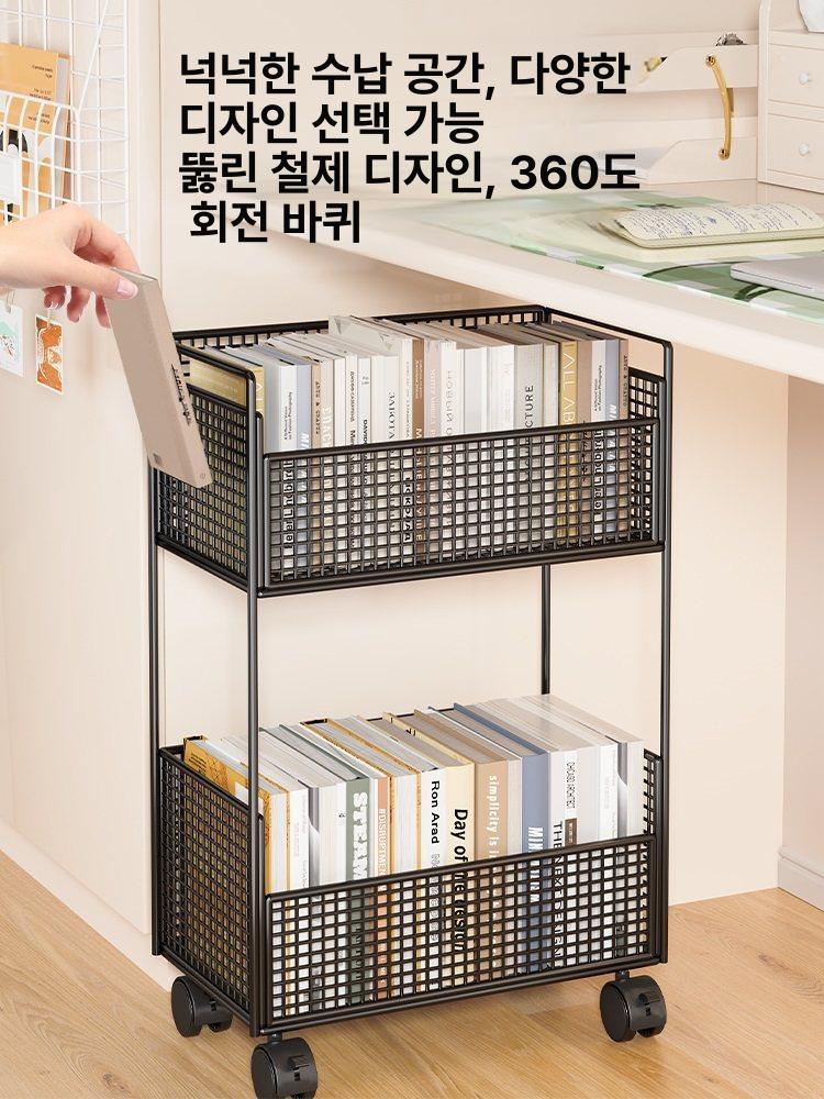 이동식 책꽂이 계단식 트롤리 수납 책상밑 슬라이딩 선반 바퀴 2단 블랙 - 상세 이미지 3