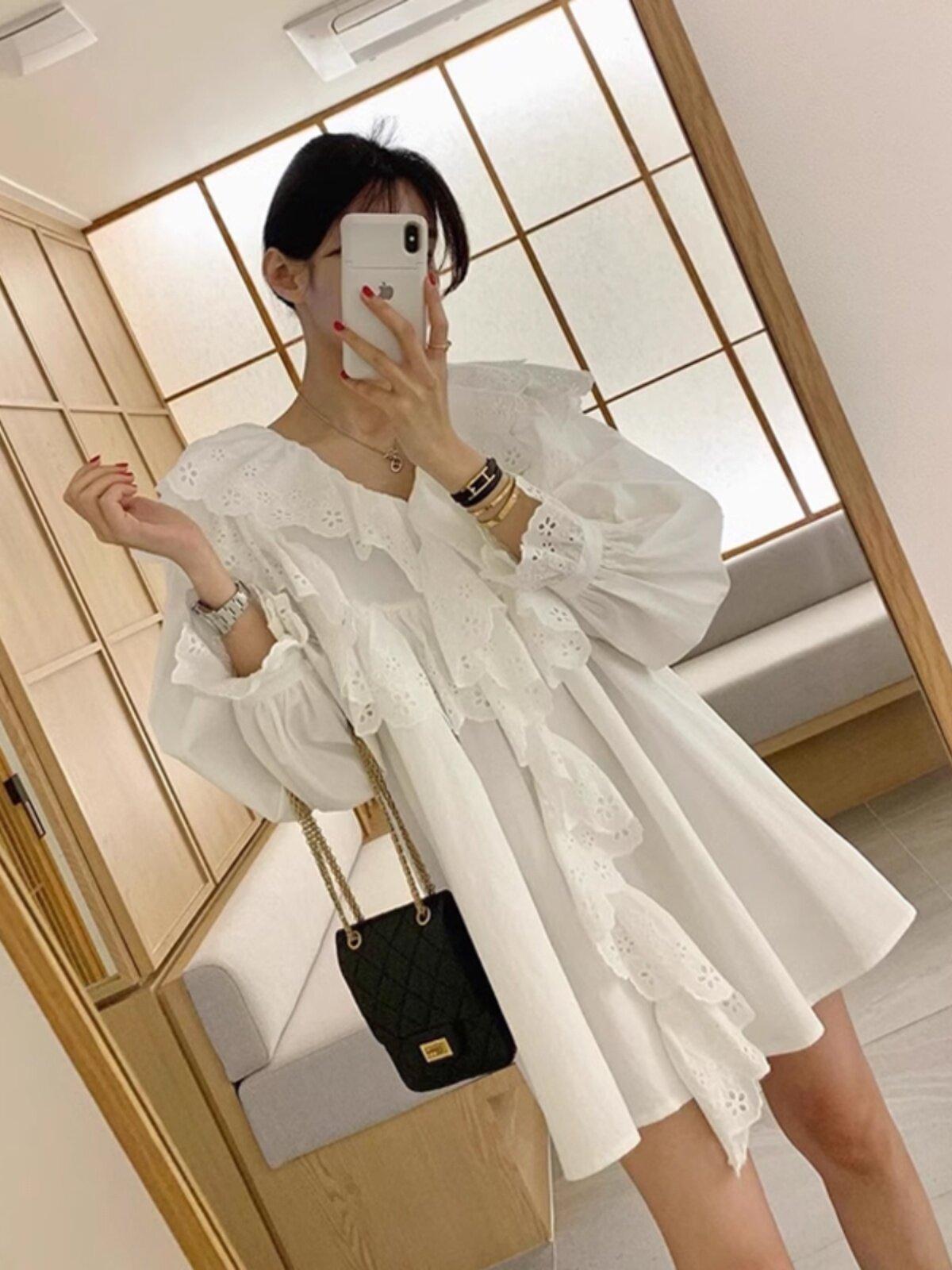 펀칭레이스 미니원피스 화이트 브이넥 여성스러운 빅프릴카라 긴팔 퍼프 벌룬 밴딩소매 화이트 프리사이즈 - 상세 이미지 4