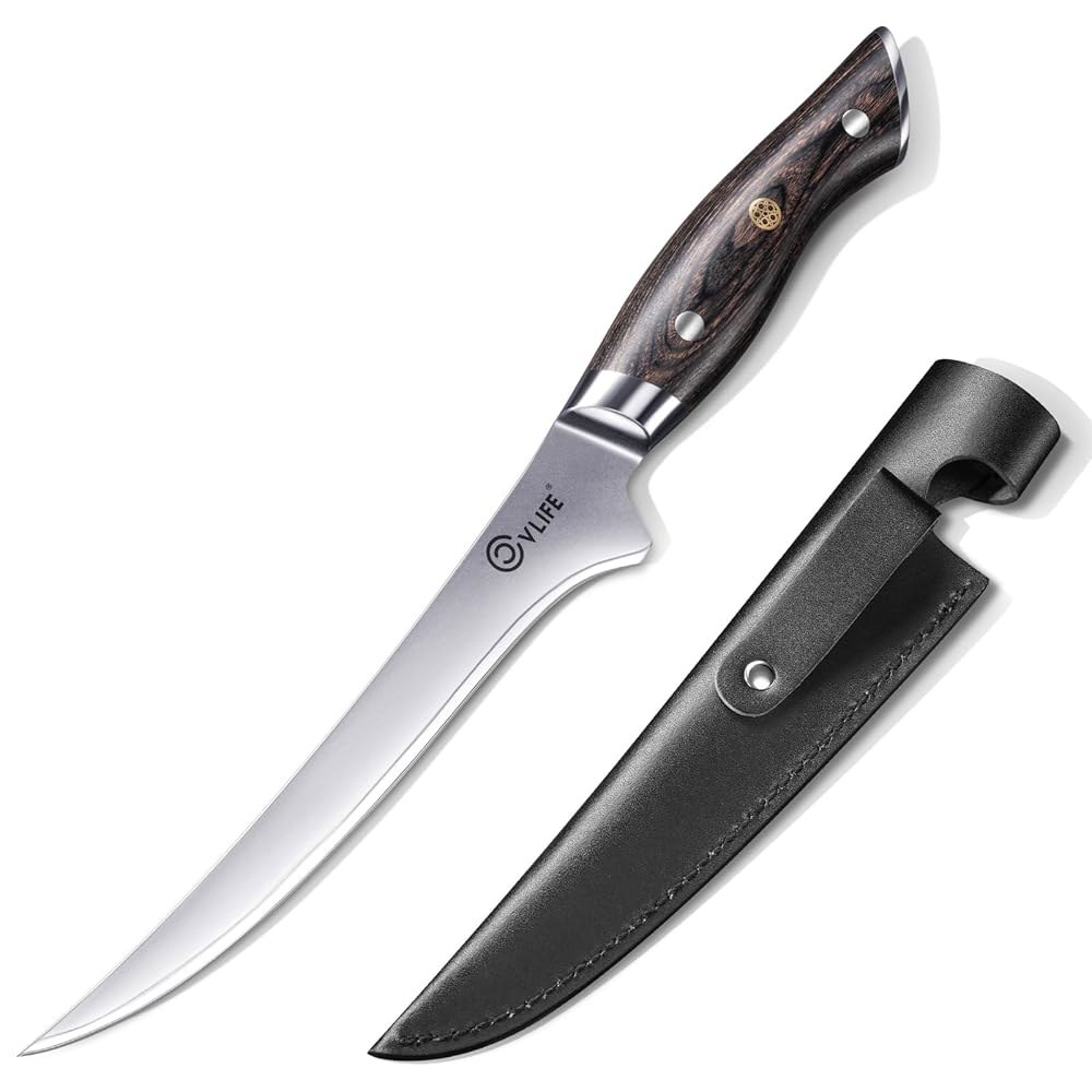 CVLIFE 가죽 칼집이 있는 필렛 주방 스틸 파카우드 이상적 손잡이, 및 일상 공학적 나이프, 가금류 18.3cm(7.25인치) 면도날처럼 인체 위한 10Cr15Mov 생선, - 상품 이미지