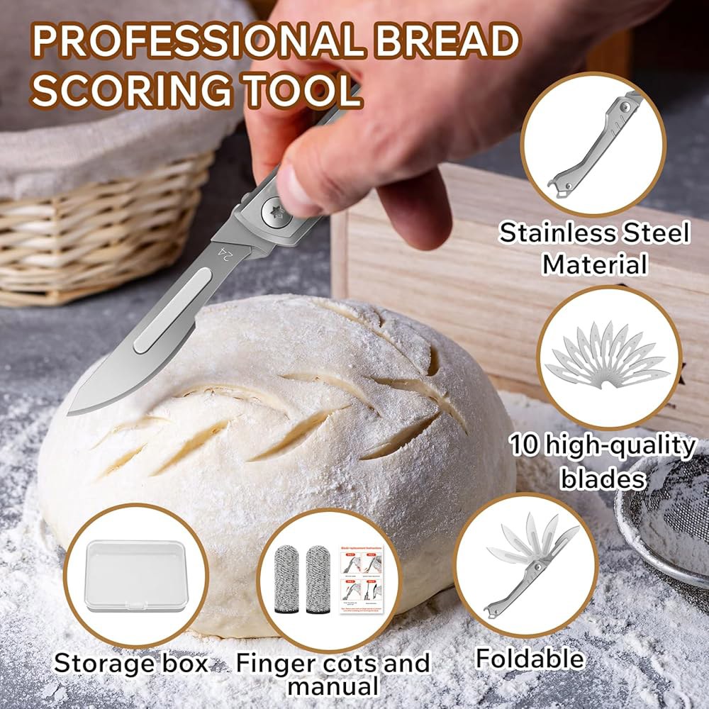 CRUIFU Bread Lame 반죽 스코어링 다목적 도구, 10개 사워도우 도구 포함 면도날 및 빵 나이프, 베이킹용 - (그레이) 스코어러 접이식 Gray - 상세 이미지 3