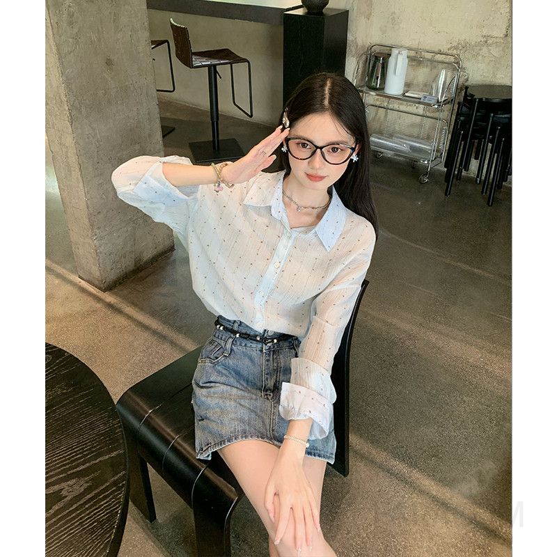 여성 캐주얼 오버핏 라이오셀 도트 패턴 카라 셔츠 루즈핏 블라우스 포켓 긴팔 남방 데일리 셔츠 - 상세 이미지 4