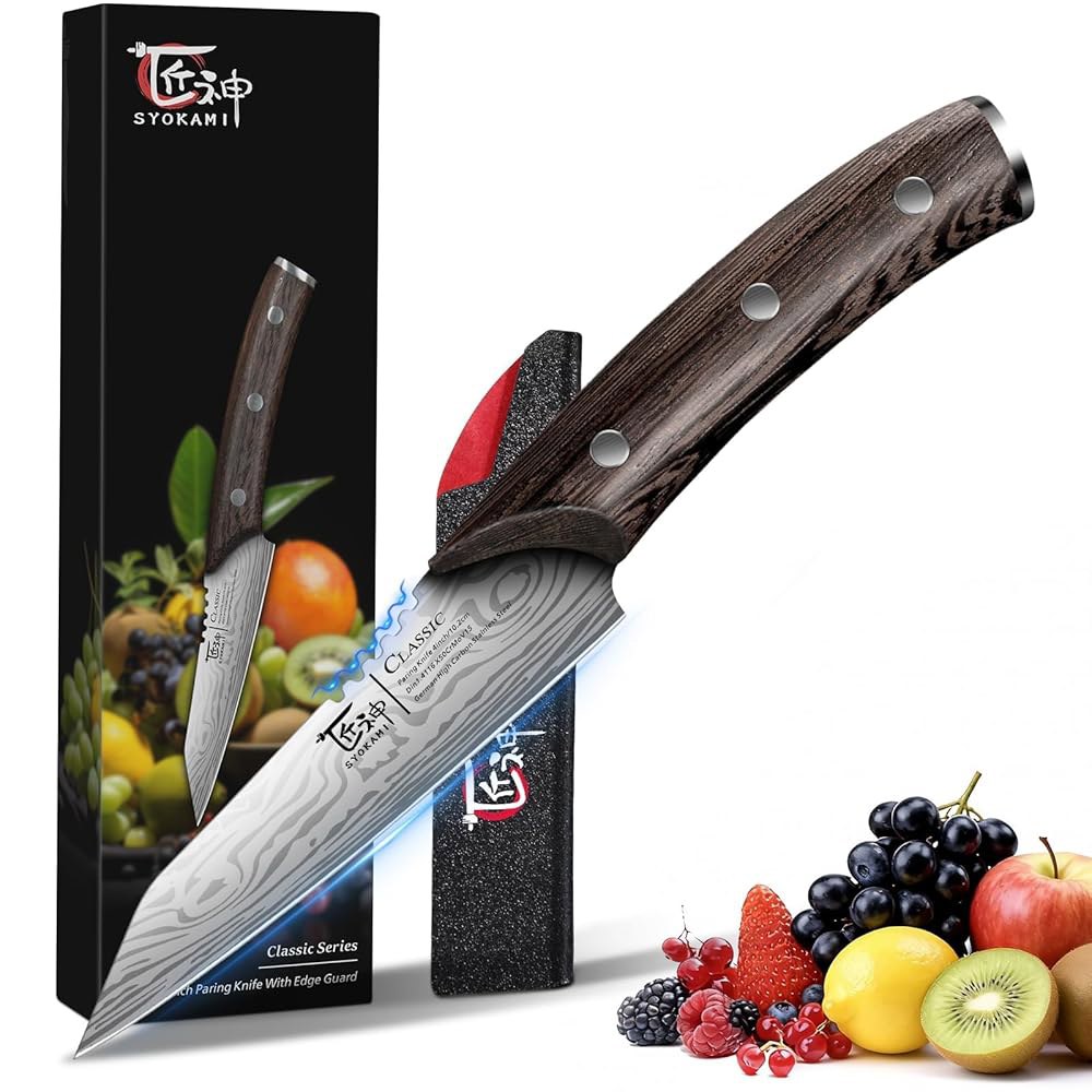 SYOKAMI 커버 포함 10.2cm(4인치) 패링 풀 셰프 패턴 고탄소 나이프, 칼, 나무 및 선물 공학적 케이스 과일용, 스타일 소형 스틸 손잡이 일본 디자인 스테인리스 다마스 - 상품 이미지