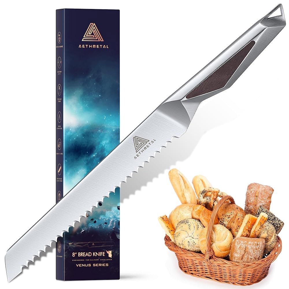 AETHMETAL Resharpenable 20.3cm(8인치) 브레드 나이프 독일 탱이 - 톱니 엣지, 웨이브 다기능 및 스틸 스테인리스 슬라이싱 수제 풀 효율적인 있는 나이프, - 상품 이미지