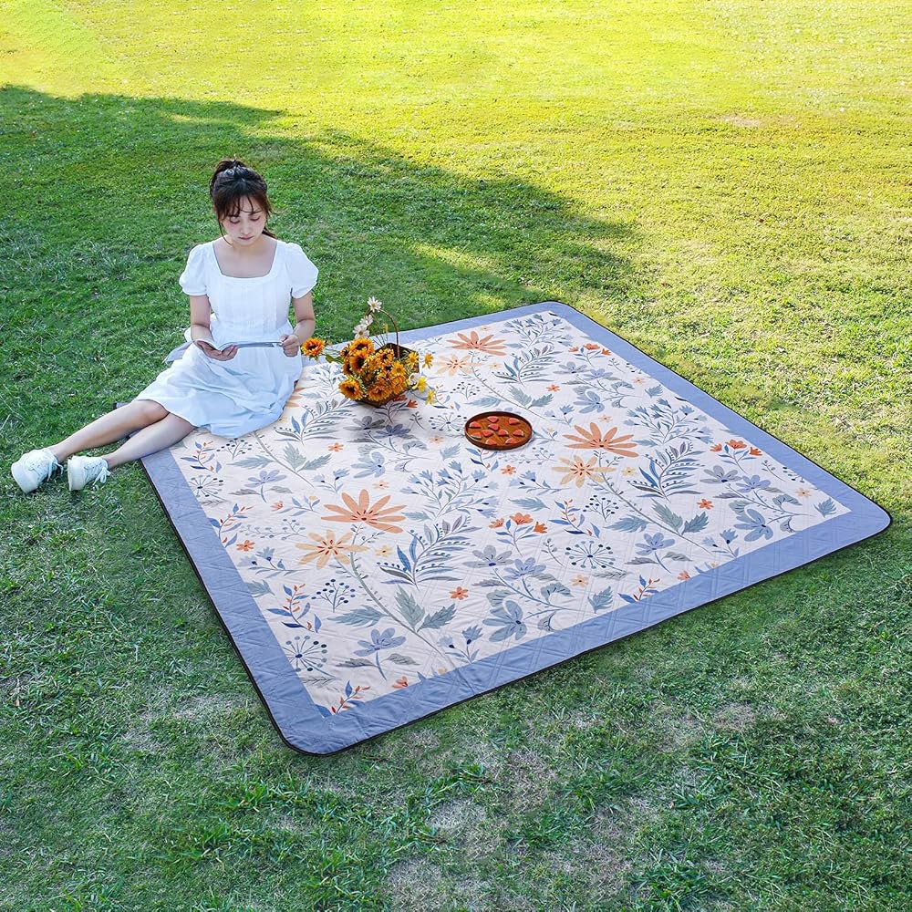 DEWUR 피크닉 담요 200.7cm x 모래 라지 휴대용 해변 엑스트라 (꽃이 200.7cm(79 방지 캠핑용 79인치) 접이식 매트 세탁 야외 방수 가능한 있는 잔디 흰색) - 상세 이미지 2