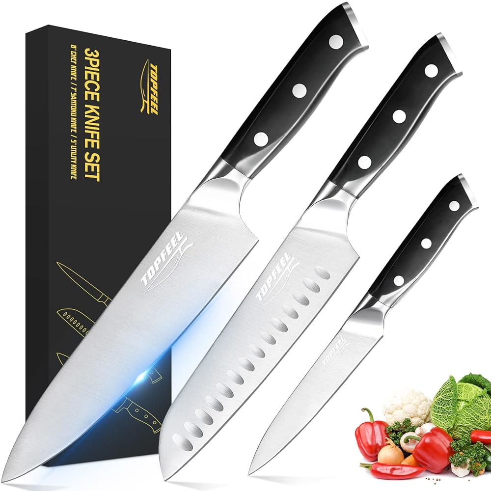 Topfeel 프로페셔널 셰프 나이프 세트 주방 3피스-20.3cm(8인치) 스테인리스 유틸리티 및 나이프, 산토쿠 스틸 독일 주방용 샤프 12.7cm(5인치) 17.8cm(7인치 - 상품 이미지
