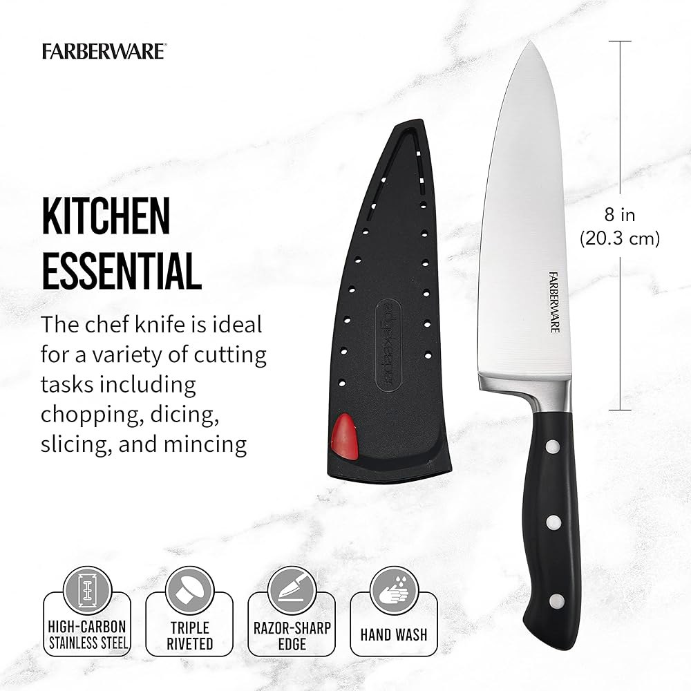 Farberware Edgekeeper 20.3cm(8인치) 단조 트리플 공학적 커버, 나이프, 셀프 셰프 인체 블레이드 주방 블랙 스테인리스 스틸 있는 칼, 날카로운 고탄소 면도 - 상세 이미지 3
