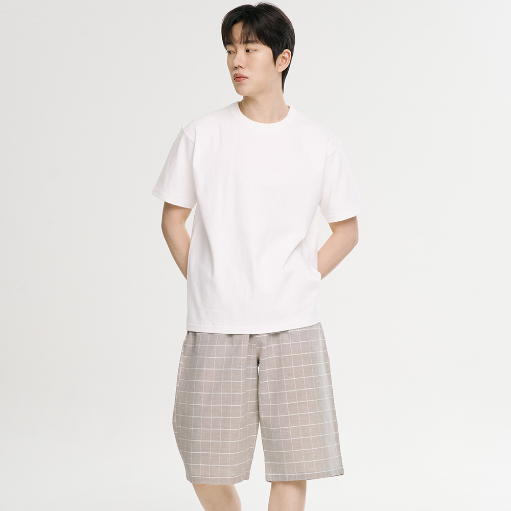 베이지 M체크 7부 순면 남성 잠옷 파자마 바지 - 상품 이미지