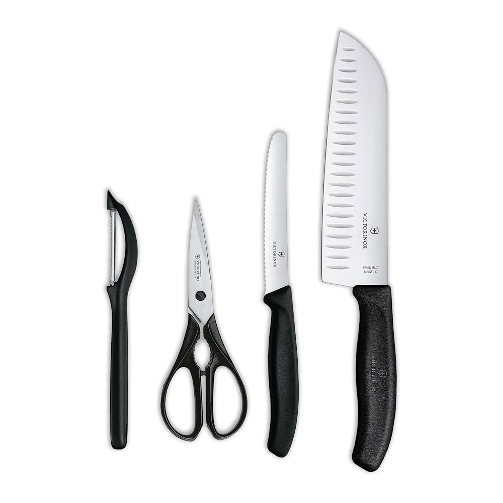 Victorinox Swiss 클래식 4피스 주방 멀티 칼, 세트, 가위 포함(블랙), 및 필러 과일 범용 Black - 상품 이미지